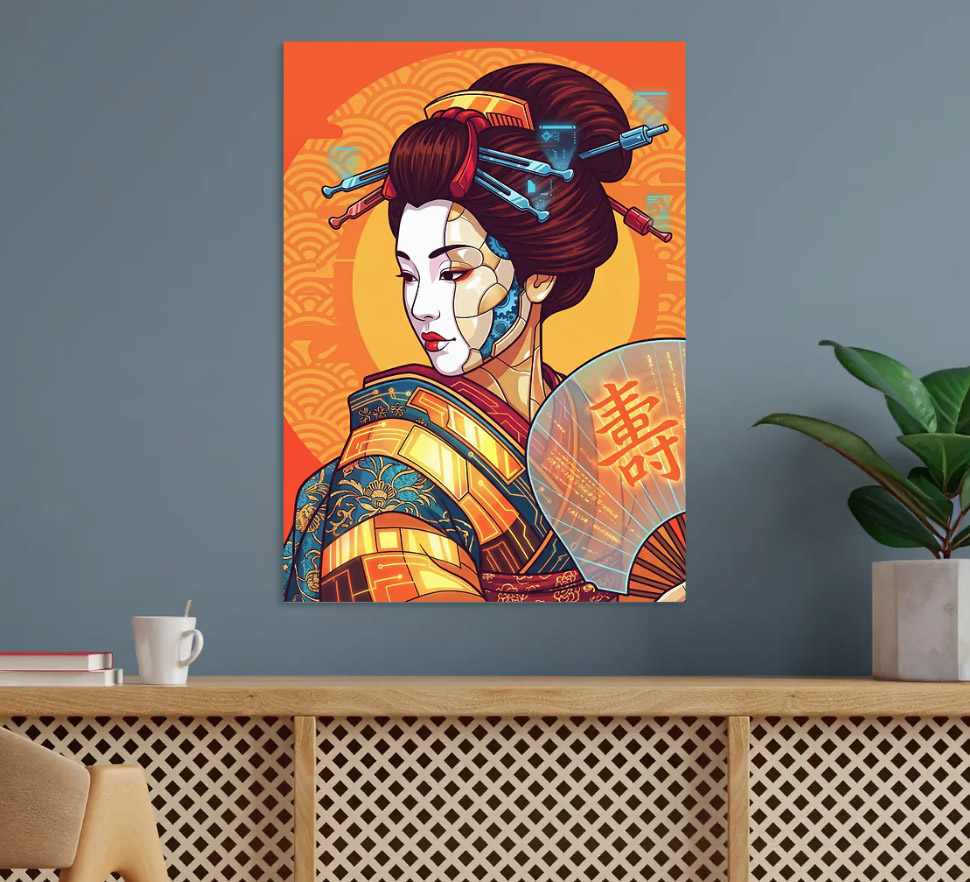 Cyberpunk Geisha with Digital Fans